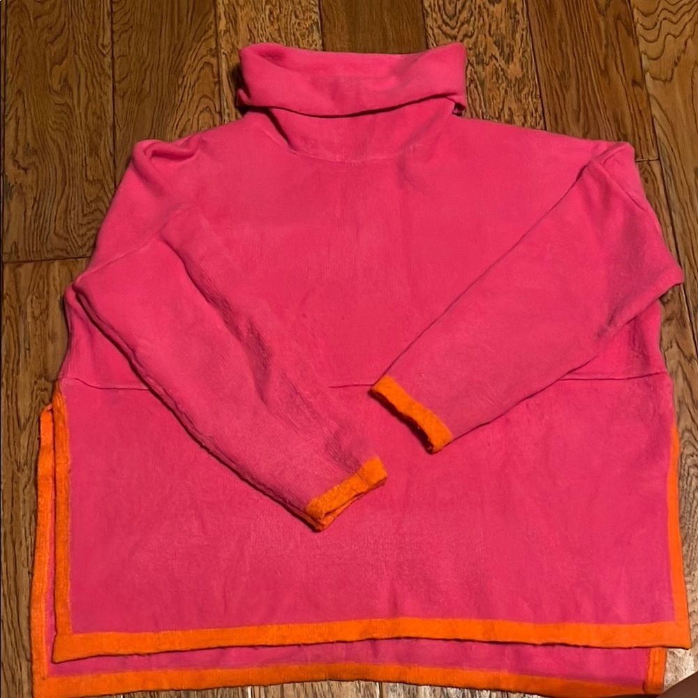 Bright Pink Turtleneck Sweater with Orange Trim
